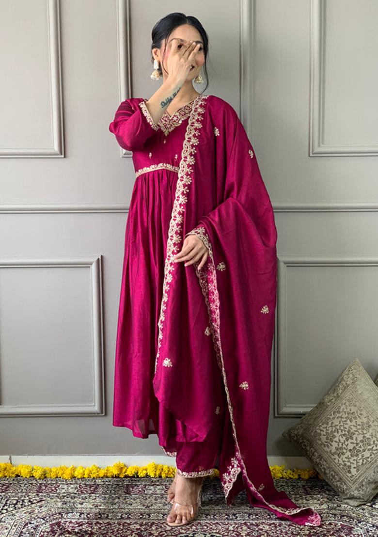 Purple Embroidered Vichitra Kurta Set