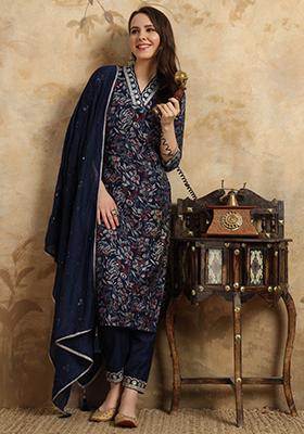 Blue Embroidered Viscose Kurta Set