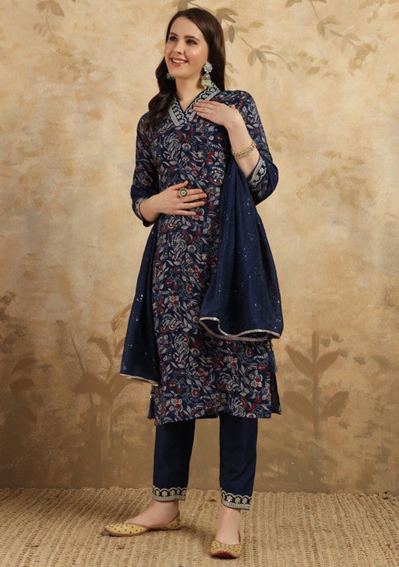 Blue Embroidered Viscose Kurta Set
