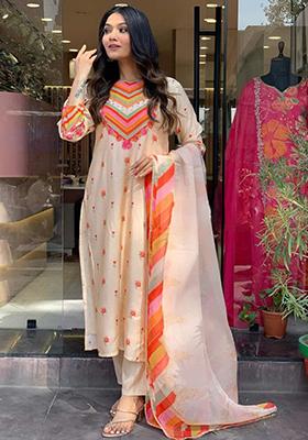 Orange Embroidered Crepe Kurta Set