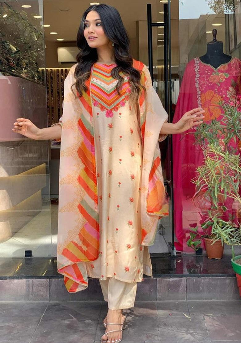 Orange Embroidered Crepe Kurta Set
