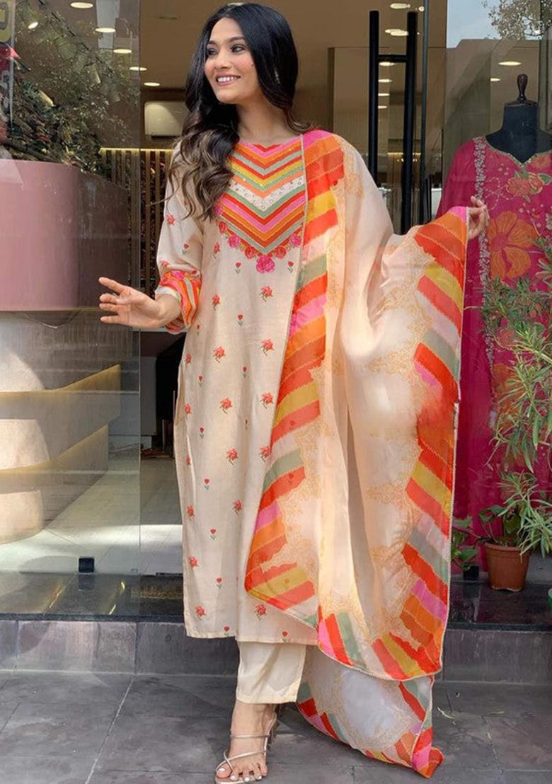 Orange Embroidered Crepe Kurta Set