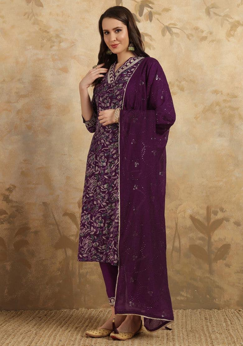 Purple Embroidered Viscose Kurta Set