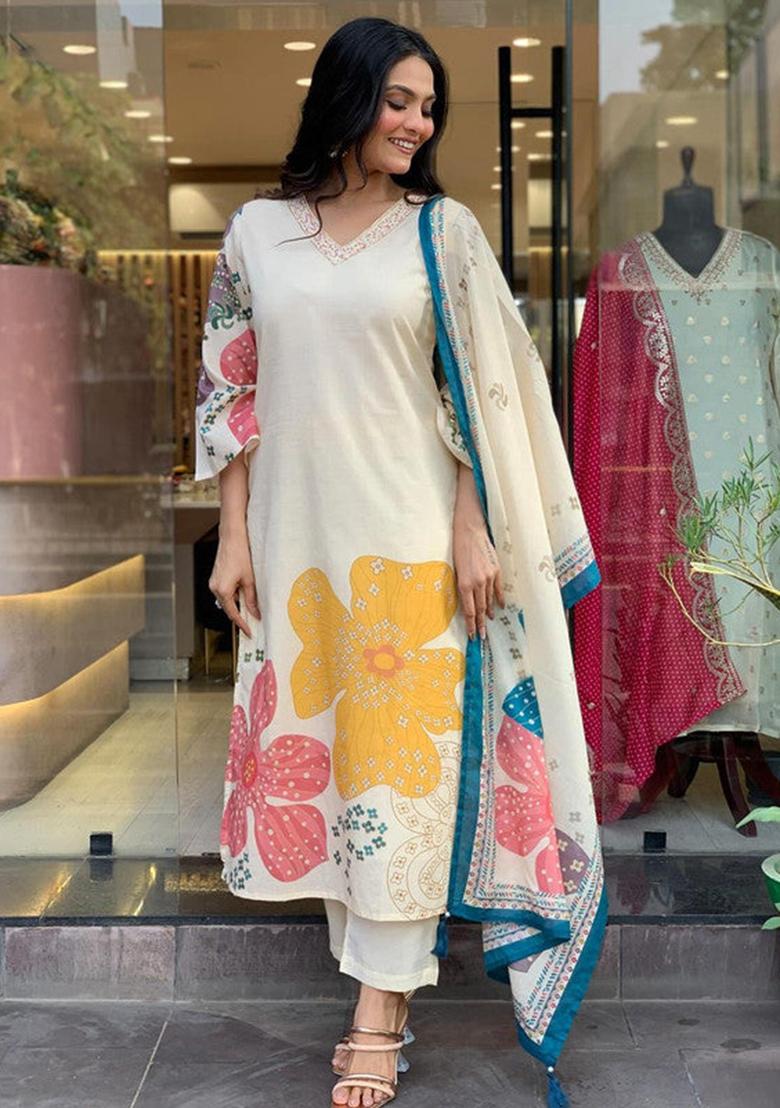 White Embroidered Rayon Kurta Set
