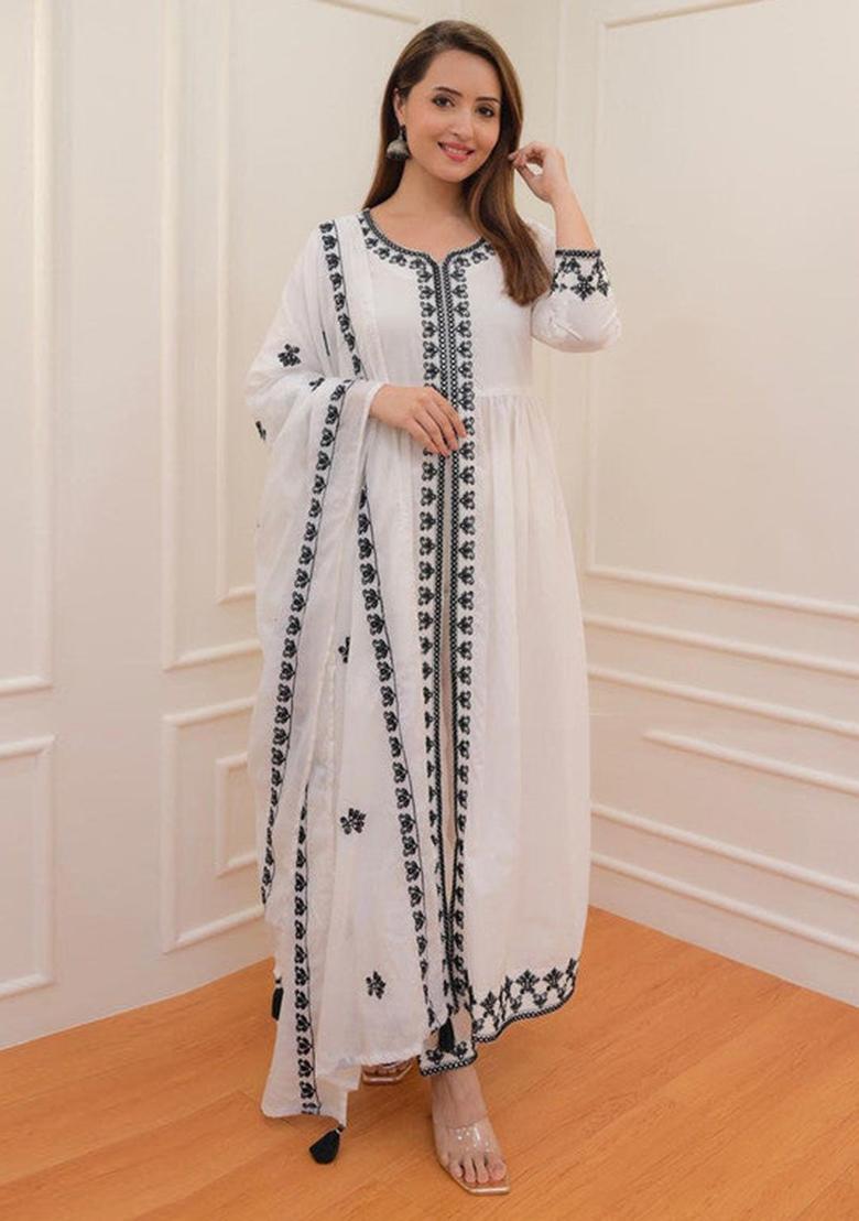 White Embroidered Viscose Kurta Set