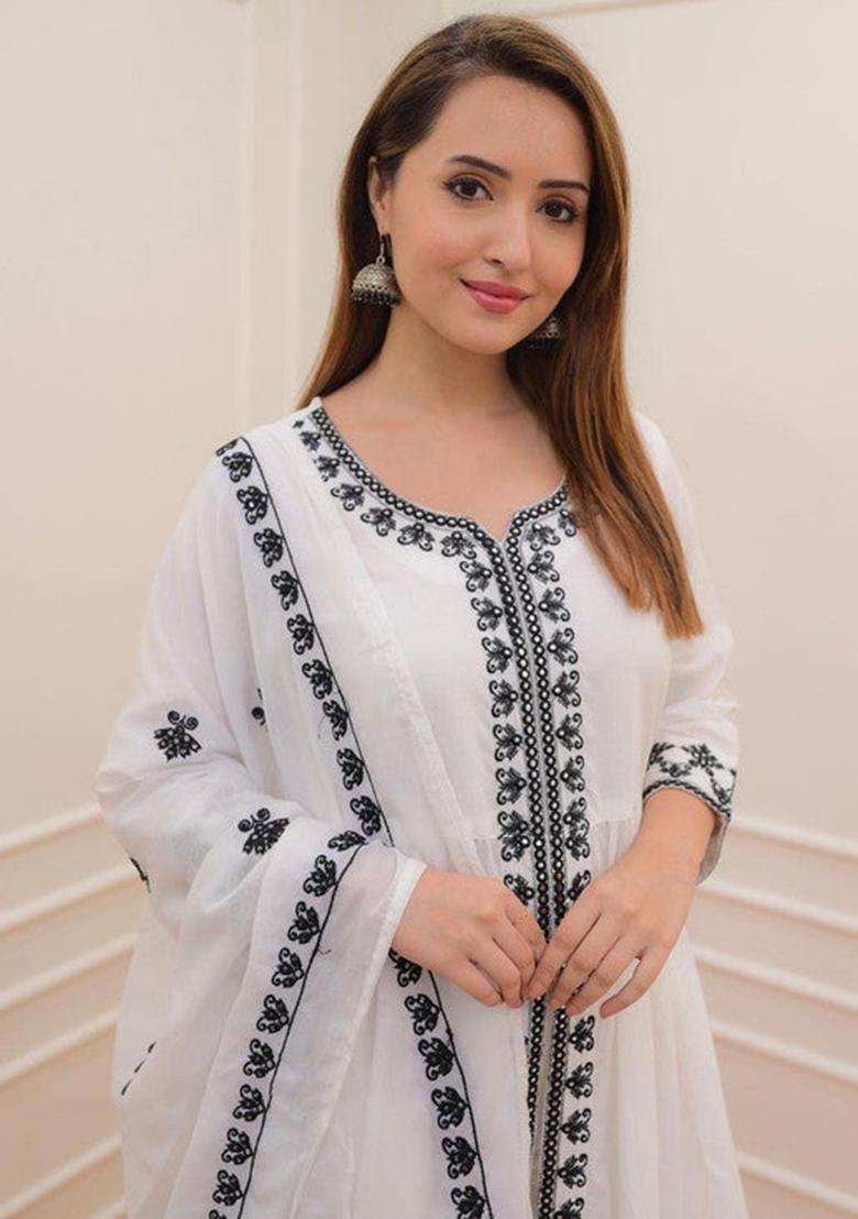 White Embroidered Viscose Kurta Set