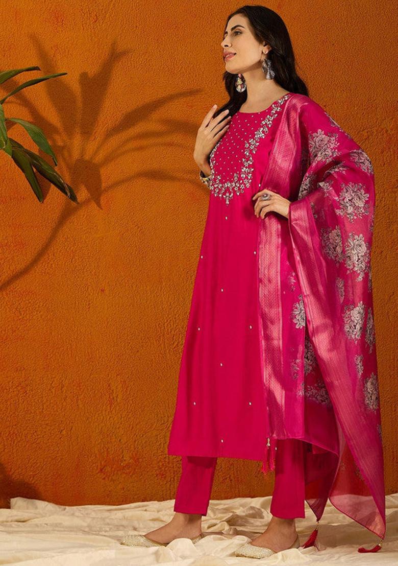 Pink Embroidered Viscose Kurta Set