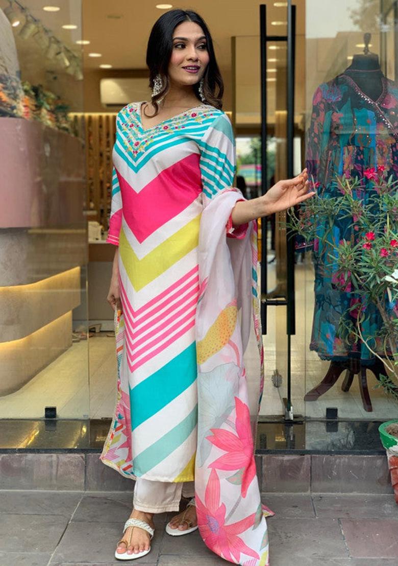 Multicolor Embroidered Muslin Kurta Set