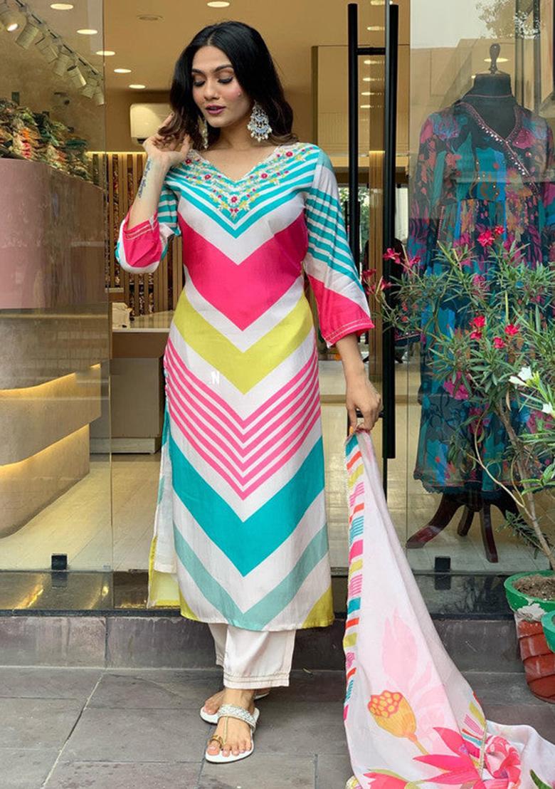 Multicolor Embroidered Muslin Kurta Set