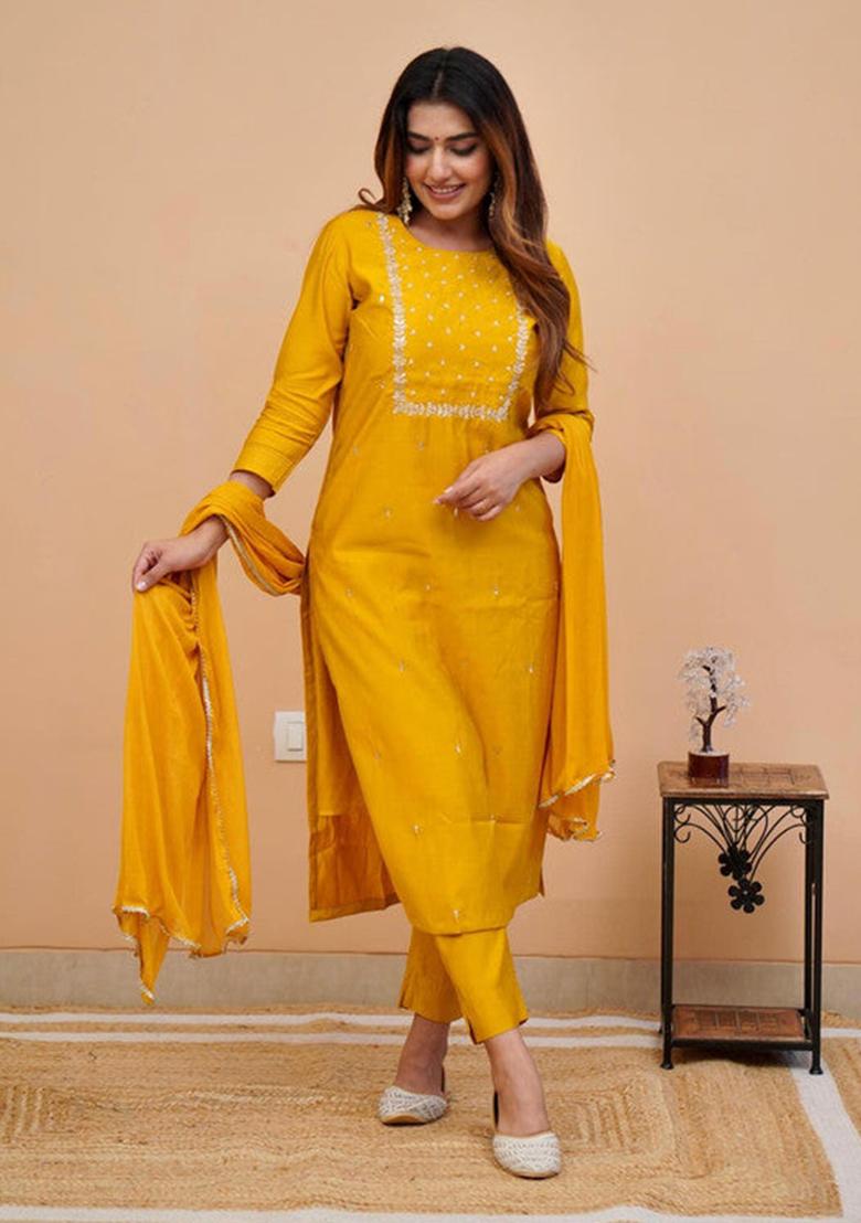 Peach Embroidered Rayon Kurta Set