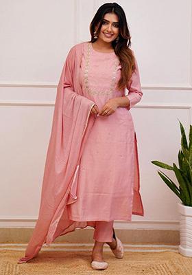 Peach Embroidered Rayon Kurta Set