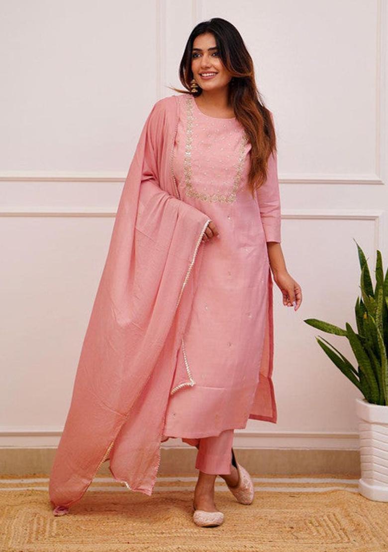 Peach Embroidered Rayon Kurta Set