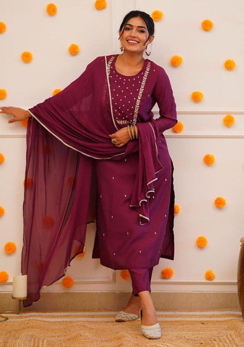 Maroon Embroidered Rayon Kurta Set