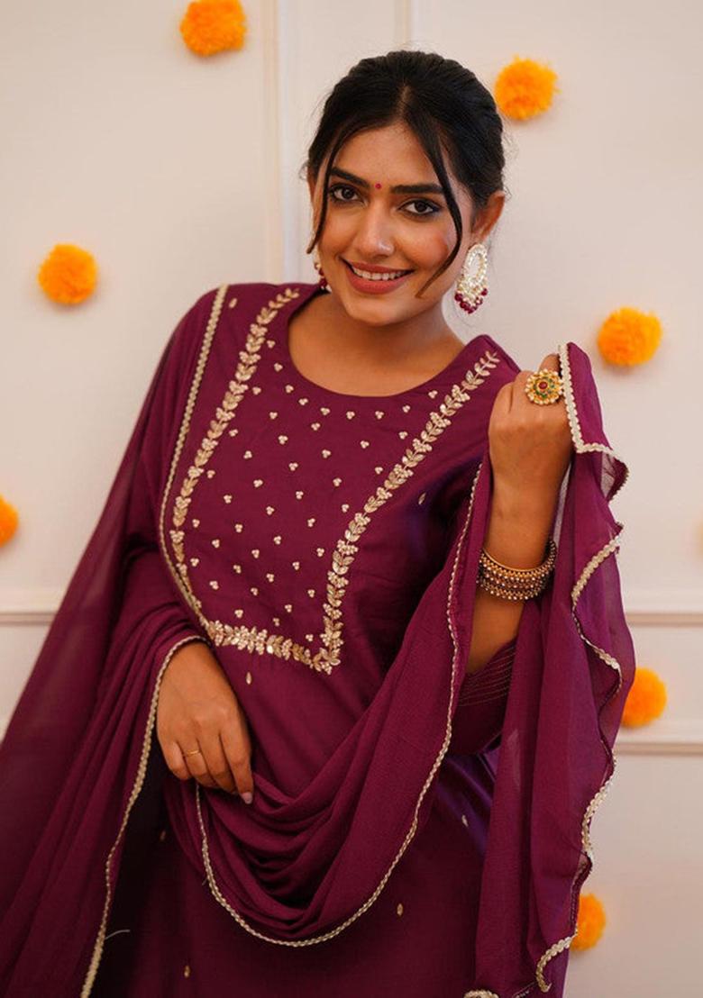 Maroon Embroidered Rayon Kurta Set