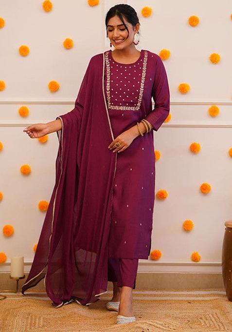 Maroon Embroidered Rayon Kurta Set