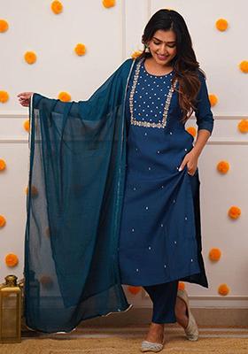 Blue Embroidered Rayon Kurta Set