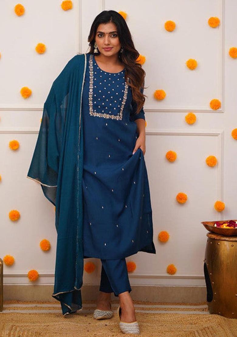 Blue Embroidered Rayon Kurta Set