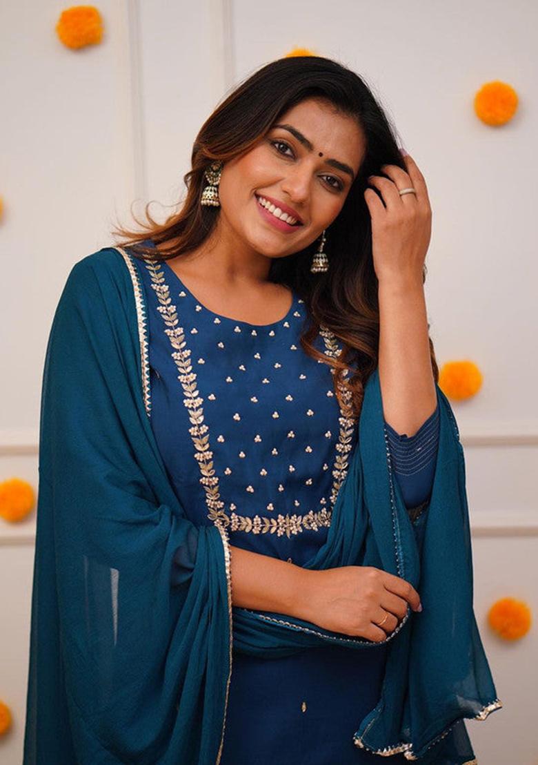Blue Embroidered Rayon Kurta Set