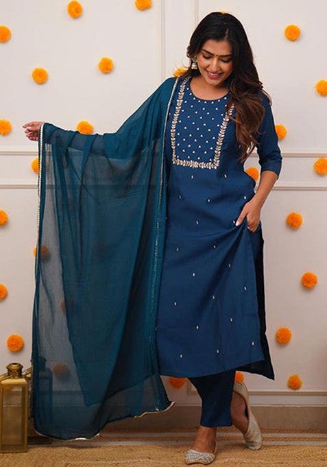 Blue Embroidered Rayon Kurta Set