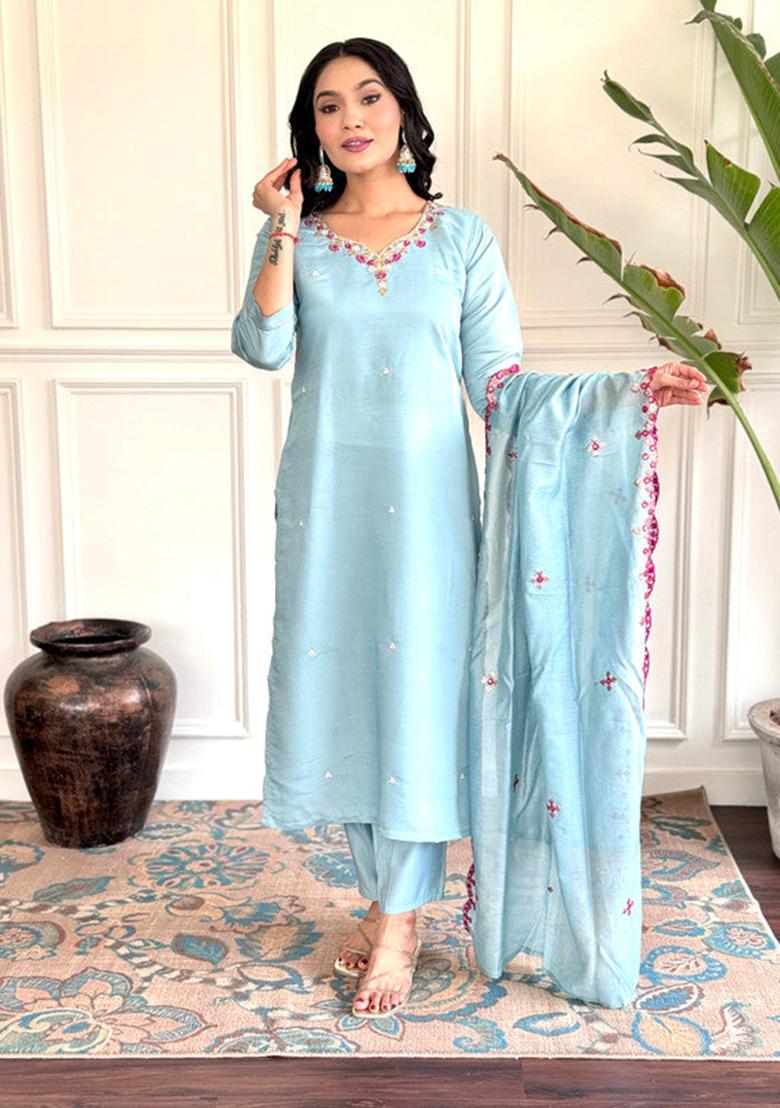 Sky Blue Embroidered Viscose Kurta Set