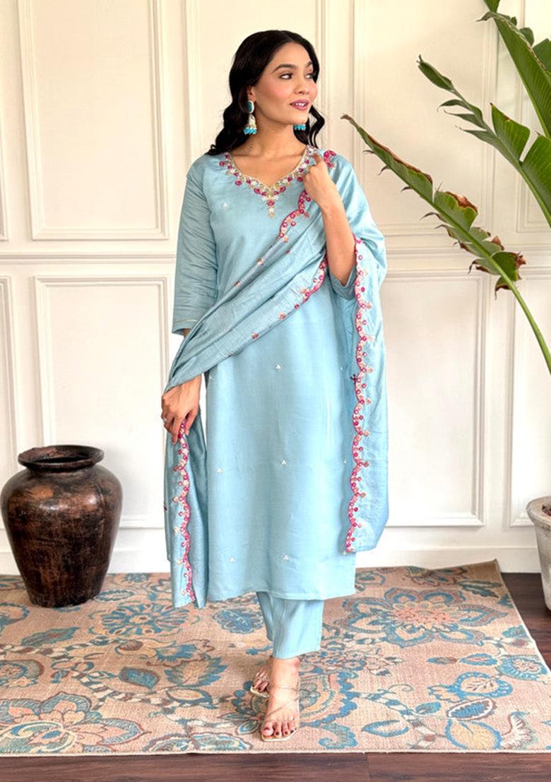 Sky Blue Embroidered Viscose Kurta Set