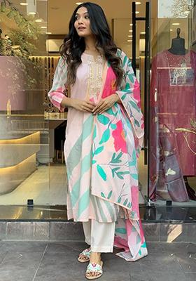 Pink Embroidered Rayon Kurta Set