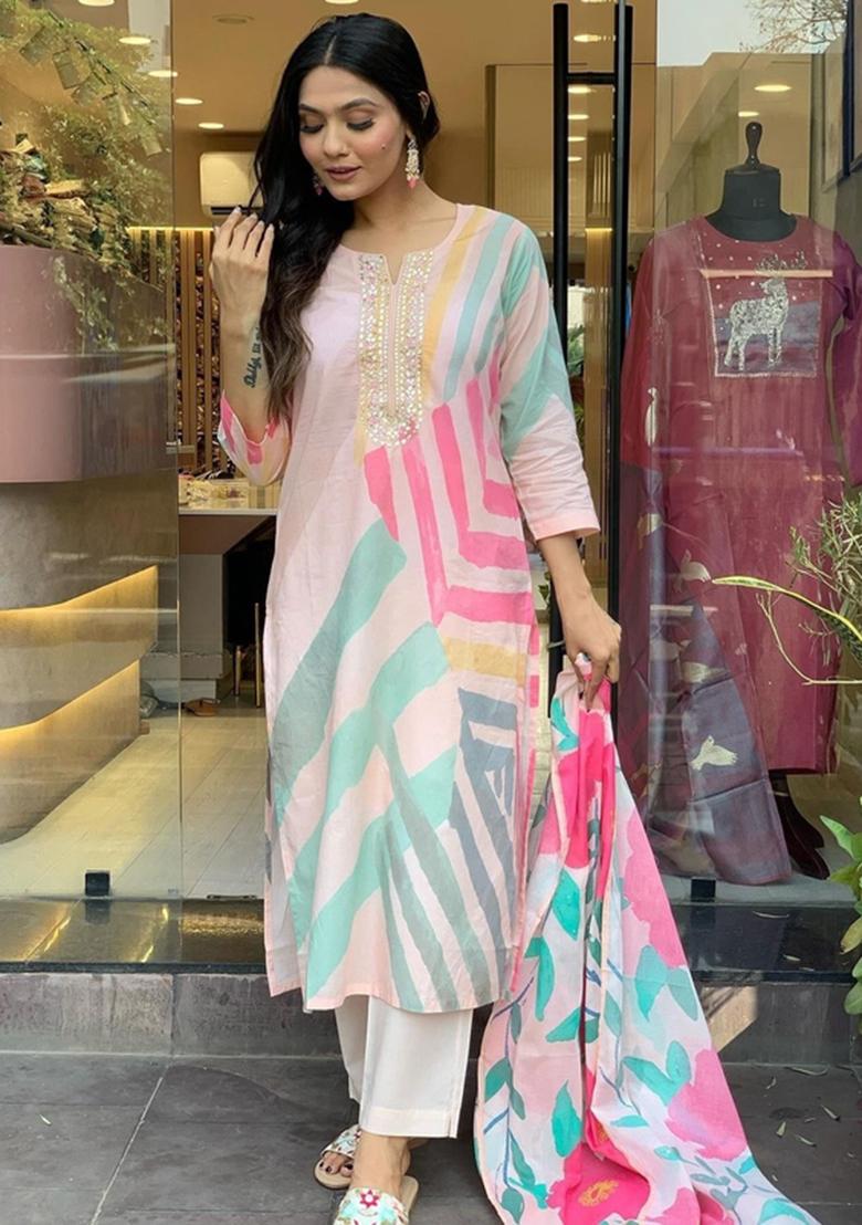 Pink Embroidered Rayon Kurta Set