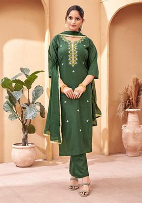 Green Embroidered Rayon Kurta Set
