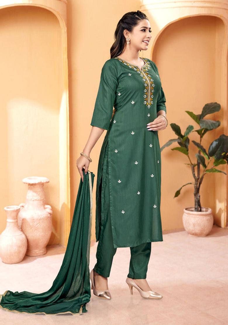 Green Embroidered Rayon Kurta Set