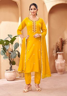 Yellow Embroidered Rayon Kurta Set