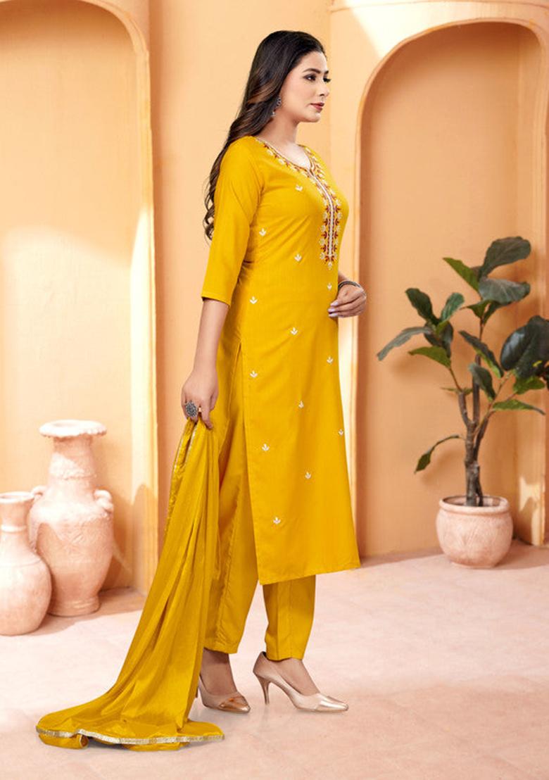 Yellow Embroidered Rayon Kurta Set