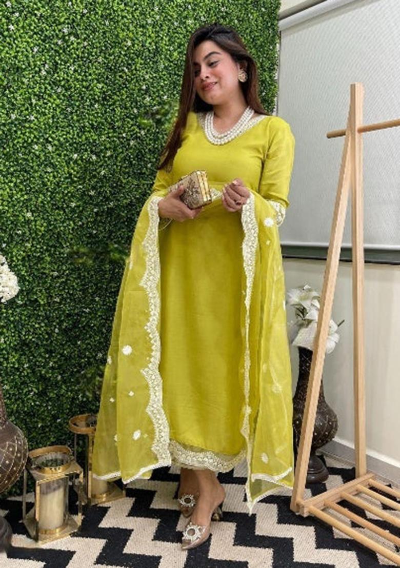 Lemon Yellow Embroidered Chanderi Kurta Set