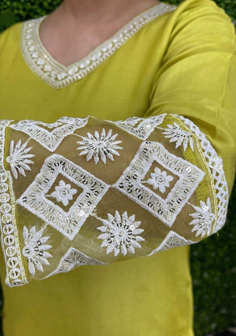Lemon Yellow Embroidered Chanderi Kurta Set