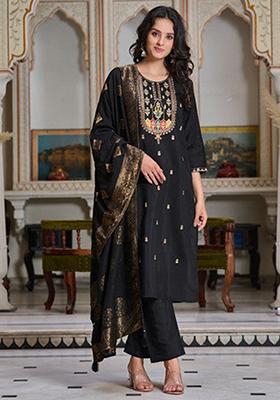 Black Embroidered Chanderi Kurta Set
