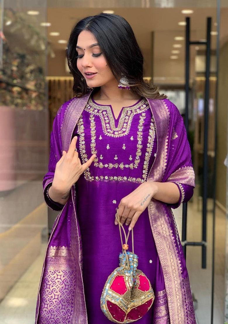 Maroon Embroidered Viscose Kurta Set