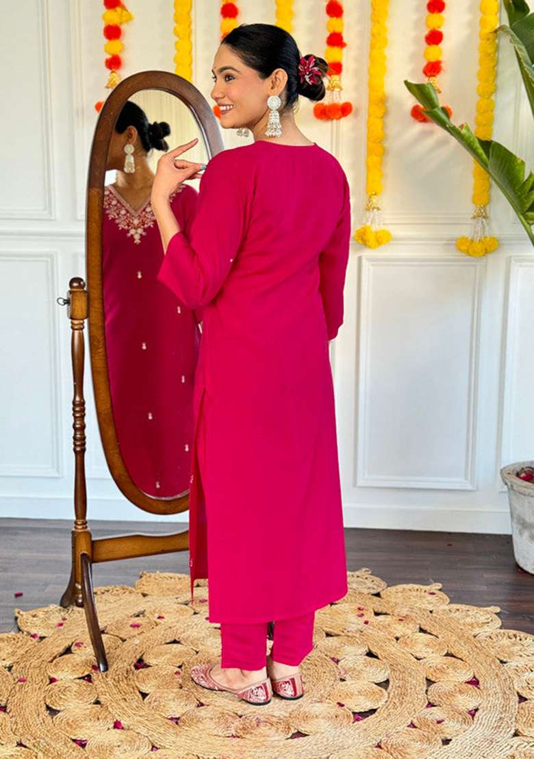 Pink Embroidered Viscose Straight Kurta Set - Indya