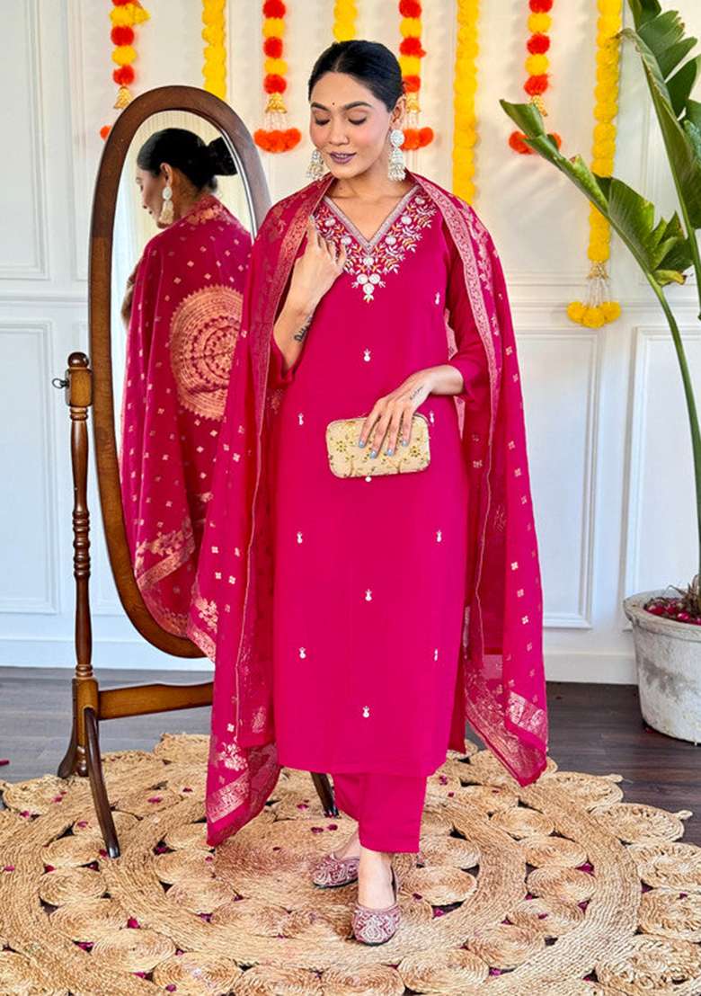 Pink Embroidered Viscose Straight Kurta Set - Indya