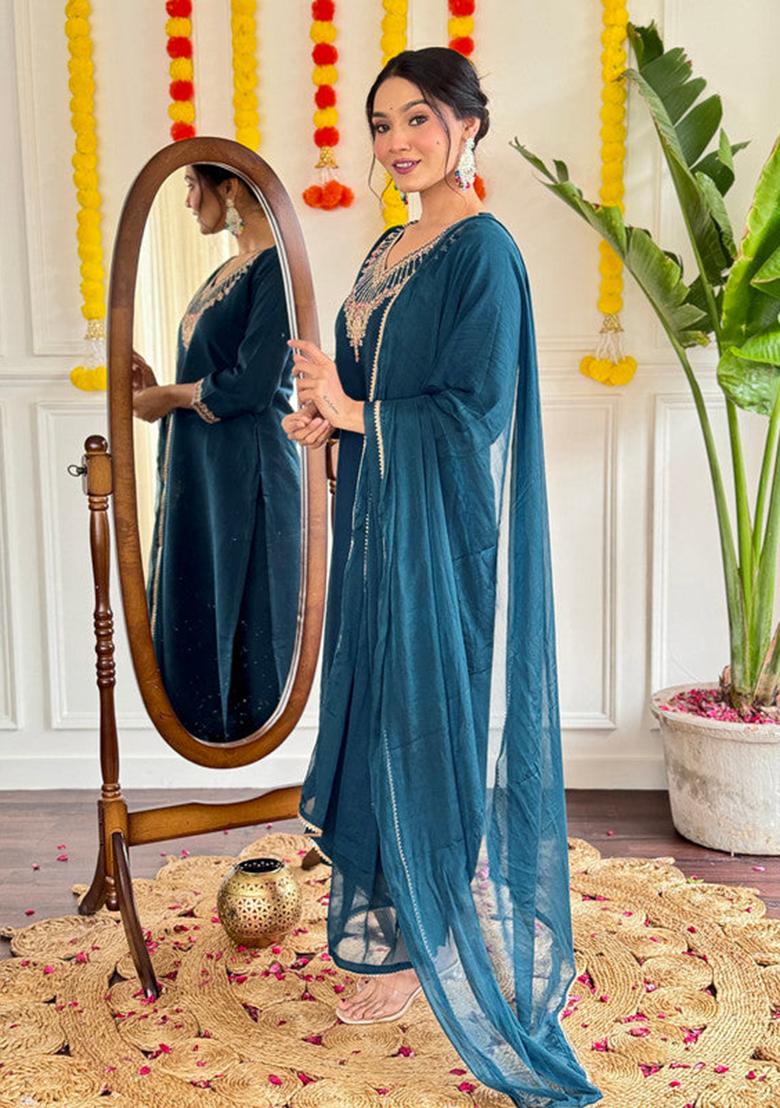 Teal Embroidered Viscose Kurta Set