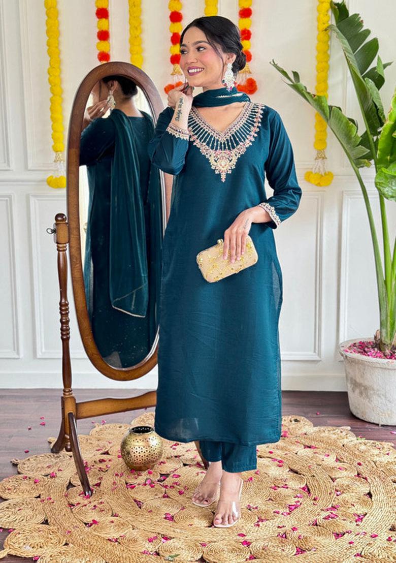 Teal Embroidered Viscose Kurta Set