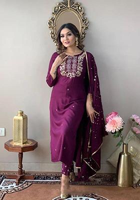 Maroon Embroidered Rayon Kurta Set