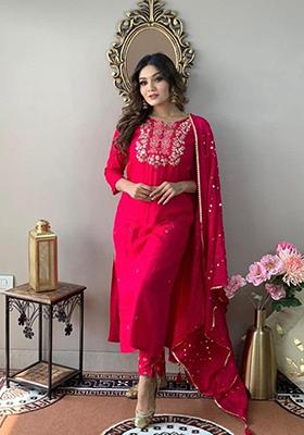 Red Embroidered Rayon Kurta Set