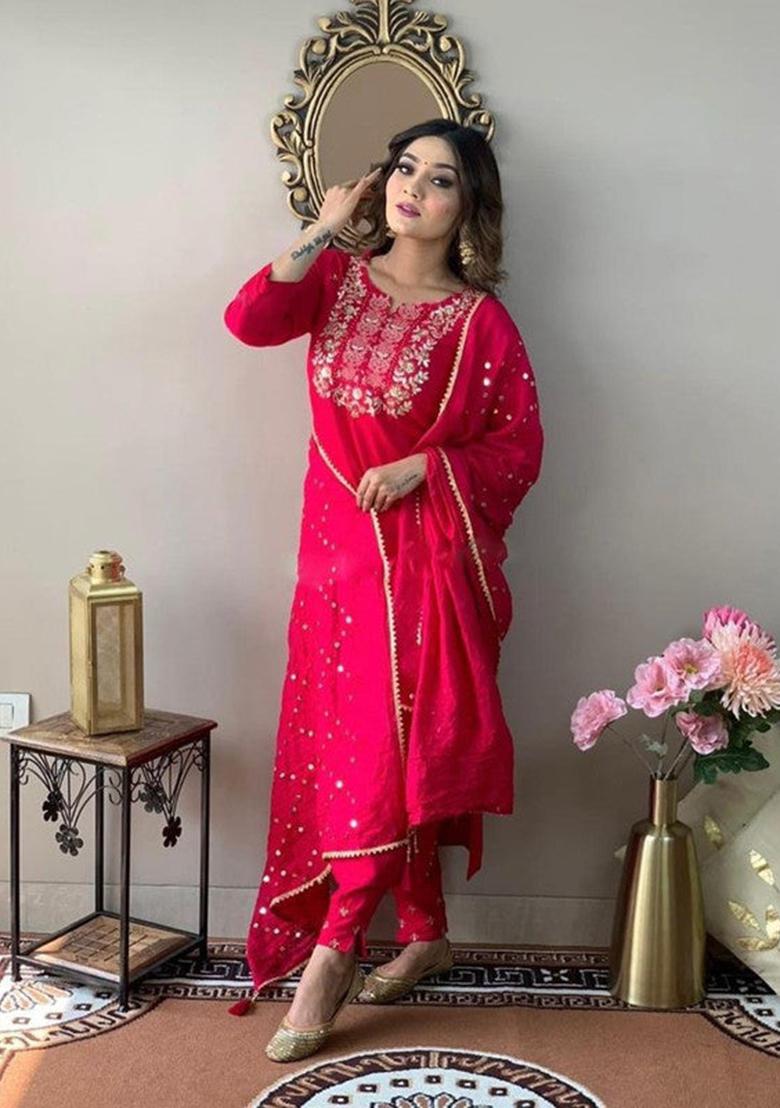 Red Embroidered Rayon Kurta Set