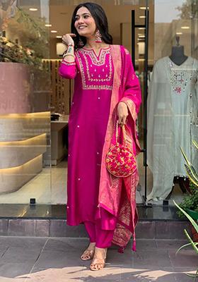 Pink Embroidered Viscose Kurta Set