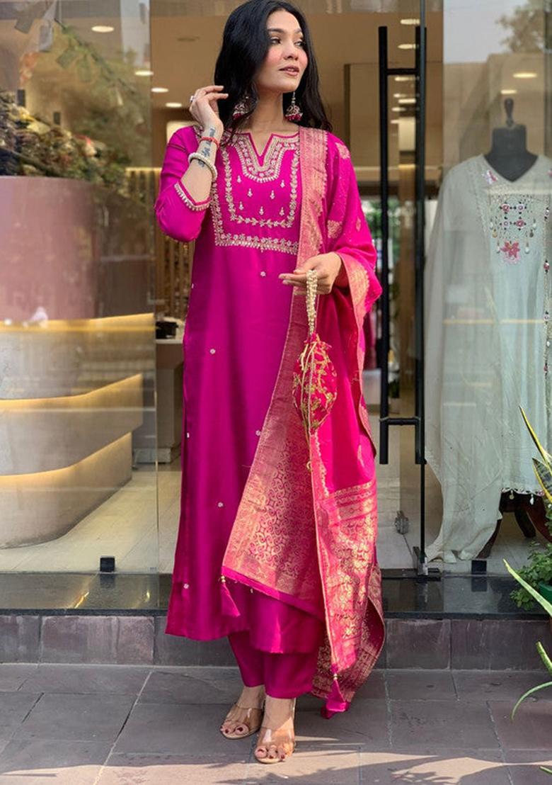 Pink Embroidered Viscose Kurta Set