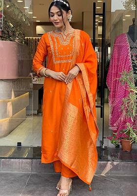 Orange Embroidered Viscose Kurta Set