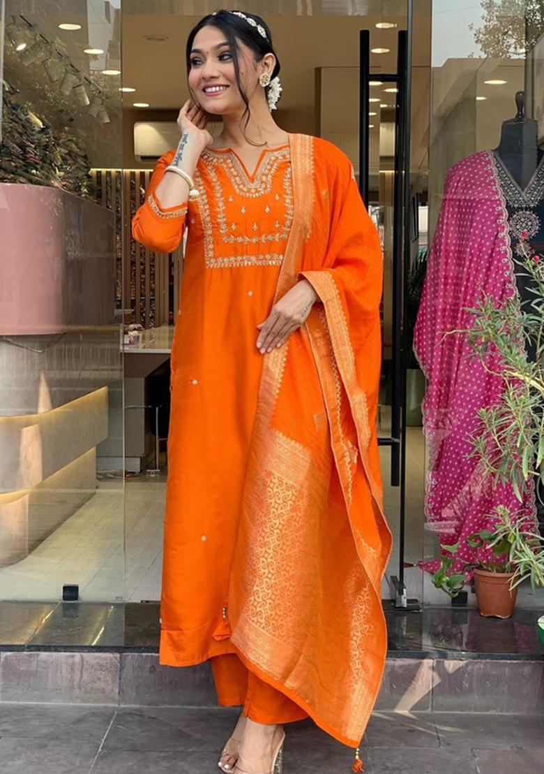 Orange Embroidered Viscose Kurta Set