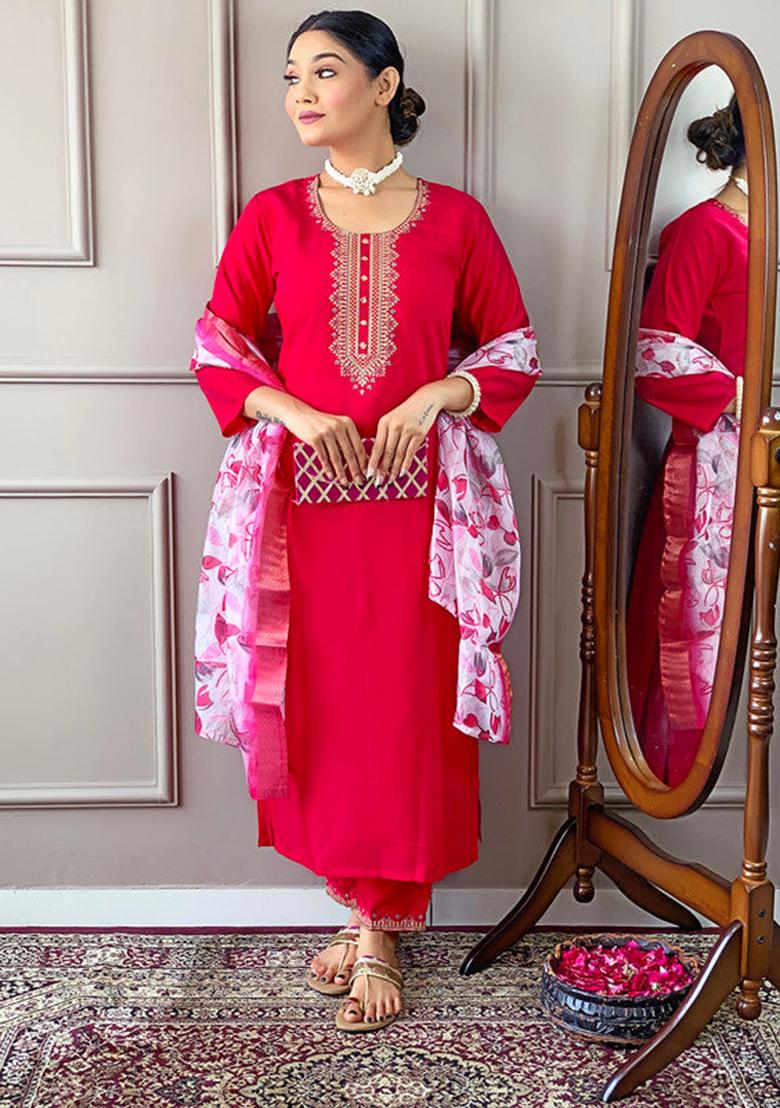 Pink Embroidered Viscose Kurta Set