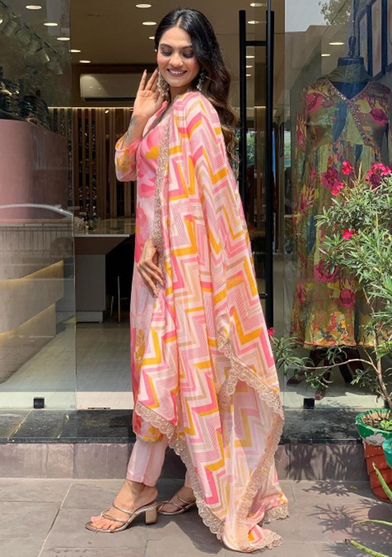 Peach Embroidered Viscose Kurta Set