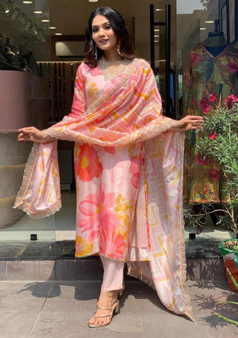 Peach Embroidered Viscose Kurta Set