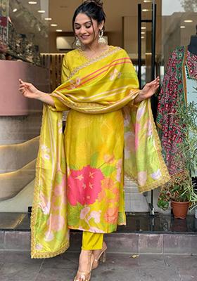 Yellow Embroidered Crepe Kurta Set